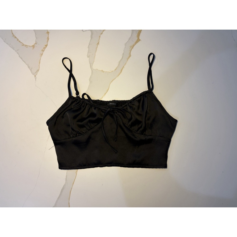 Forever 21 Women's Black Satin Tie Front Cami Crop Top Size L